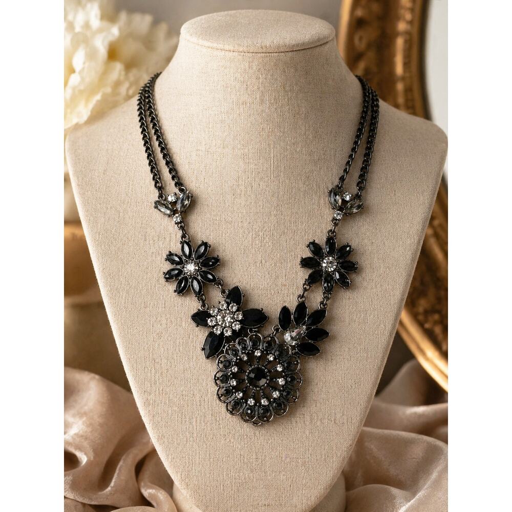 Black Rhinestone Statement Necklace Floral Art Deco Vintage Style Necklace